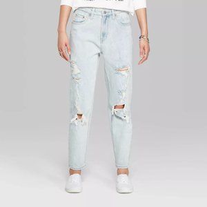 Super-High Rise Distressed Taper Mom Jeans, Light Wash